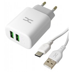 Сетевое зарядное устройство DC, 2USB FastCharger 2.4А, с кабелем Type-C, (CA-D24) белый Сетевое зарядное устройство DC, 2USB FastCharger 2.4А, с кабелем Type-C, (CA-D24) белый