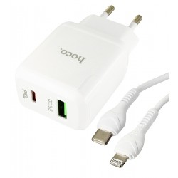 Зарядное устройство Hoco N5 Favor 1Type-C PD20W+USB QC3.0 charger set (Type-C TO Lightning), белое Зарядное устройство Hoco N5 Favor 1Type-C PD20W+USB QC3.0 charger set (Type-C TO Lightning), белое