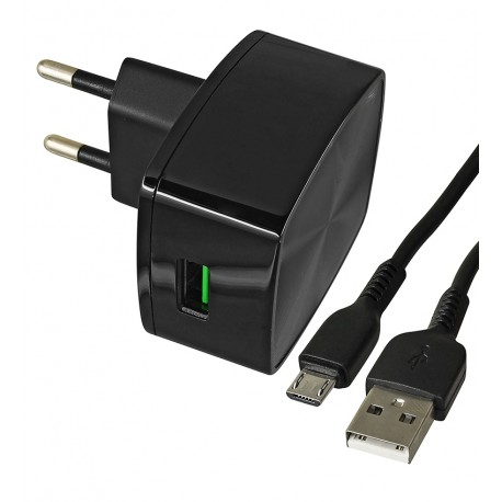 Мережевий зарядний пристрій Hoco C70A QC3.0, 3А, 18Вт, 1USB, з кабелем Micro-USB, чорне