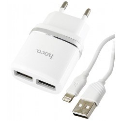 Зарядное устройство Hoco C12 2USB 2,4A + кабель lightning (Белый) Зарядное устройство Hoco C12 2USB 2,4A + кабель lightning (Белый)