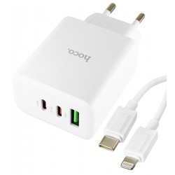 Зарядное устройство Hoco C126A Pure PD+QC 40W(2C1A), белый, с кабелем Type-C - Lightning Зарядное устройство Hoco C126A Pure PD+QC 40W(2C1A), белый, с кабелем Type-C - Lightning