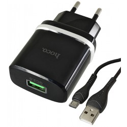 Сетевое зарядное устройство Hoco C12Q, QC3.0, 3A, 18Вт, 1USB, с кабелем Micro-USB, черное
