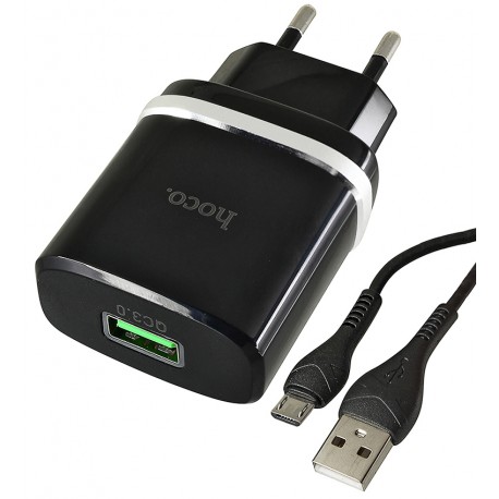 Мережевий зарядний пристрій Hoco C12Q, QC3.0, 3A, 18Вт, 1USB, з кабелем Micro-USB, чорне