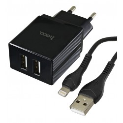 Зарядное устройство Hoco DC01 Max Porcelain 2USB/2,4A + Lightning кабель, черное
