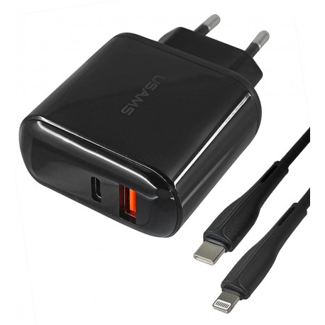 Зарядное устройство Usams US-CC085 T23 QC3.0+PD3.0 18W Digital Display Fast Charger, черное с кабелем Type-C - Lightning