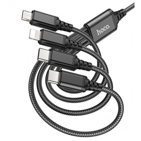 Кабель Micro-USB+Lightning+Type-C+Type-C - USB, 4 в1, Hoco X76 Super charging cable, 1 метр, 2А, черный, черный