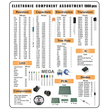 Набір електронних компонентів, Mega 1900 шт., (конденсатори + резистори + світлодіод + транзистори + роз'єми постійного струму)