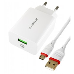 Зарядний пристрій Borofone BA21A 1USB QC, 3A, 18W + кабель USB - Micro-USB, білий Зарядний пристрій Borofone BA21A 1USB QC, 3A, 18W + кабель USB - Micro-USB, білий