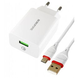 Зарядний пристрій Borofone BA21A 1USB QC, 3A, 18W + кабель USB - Type-C, білий Зарядний пристрій Borofone BA21A 1USB QC, 3A, 18W + кабель USB - Type-C, білий
