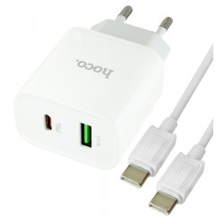 Зарядное устройство Hoco C80A Plus 1USB, 3A, Type-C PD QC 20W + кабель Type-C - Type-C, белый Зарядное устройство Hoco C80A Plus 1USB, 3A, Type-C PD QC 20W + кабель Type-C - Type-C, белый