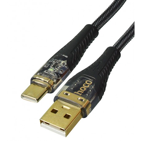 Кабель Type-C - USB, Hoco U121, 1,2 м, 3А, с индикатором, в тканевой оплетке, черный