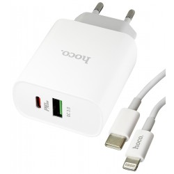 Зарядное устройство Hoco C80A 1USB, 3A, Type-C PD QC 20W + кабель Type-C - Lightning, белый Зарядное устройство Hoco C80A 1USB, 3A, Type-C PD QC 20W + кабель Type-C - Lightning, белый