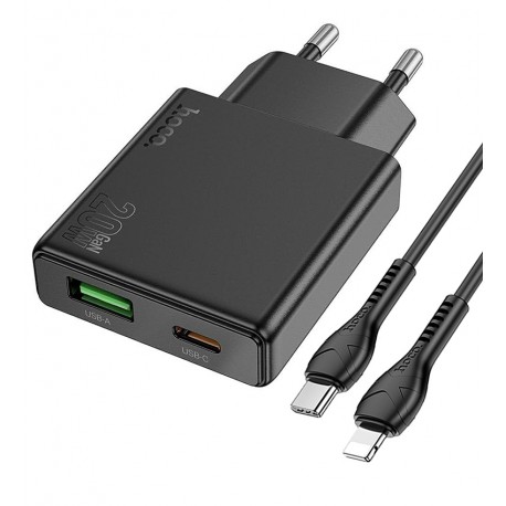 Зарядний пристрій Hoco N38 з кабелем Type-C - Lightning |1USB/1Type-C, 20W/3A, PD/QC| (black)