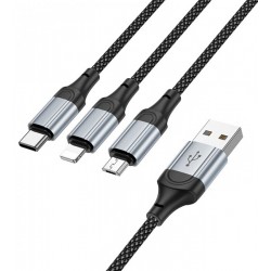Кабель Hoco X102 3в1 (USB to Lightning/ Type-C/ MicroUSB), в тканевой оплетке, 1 метр, 2,4А, черный Кабель Hoco X102 3в1 (USB to Lightning/ Type-C/ MicroUSB), в тканевой оплетке, 1 метр, 2,4А, черный