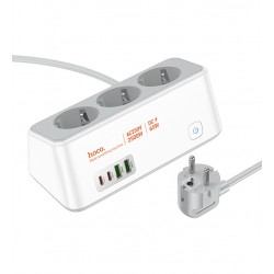 Удлинитель Hoco AC23 на 3 розетки, 2 USB порта и 2 Type-C PD 65W порта для зарядки, шнур: 2м белый Удлинитель Hoco AC23 на 3 розетки, 2 USB порта и 2 Type-C PD 65W порта для зарядки, шнур: 2м белый