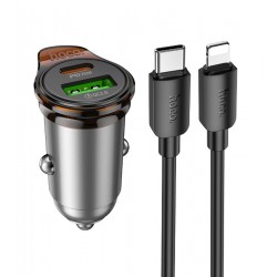 Автомобильное зарядное устройство Hoco NZ16A, Type-C PD25W+USB QC3.0, с кабелем Type-C - Lightning, metal grey Автомобильное зарядное устройство Hoco NZ16A, Type-C PD25W+USB QC3.0, с кабелем Type-C - Lightning, metal grey