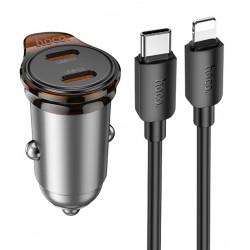 Автомобильное зарядное устройство Hoco NZ16B, 2Type-C PD45W, с кабелем Type-C - Lightning, metal grey Автомобильное зарядное устройство Hoco NZ16B, 2Type-C PD45W, с кабелем Type-C - Lightning, metal grey