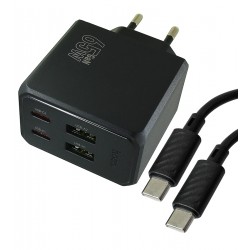 Зарядное устройство Hoco CS19A, 2USB+2Type-C PD65Вт, с кабелем Type-C - Type-C, черное Зарядное устройство Hoco CS19A, 2USB+2Type-C PD65Вт, с кабелем Type-C - Type-C, черное