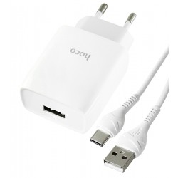 Зарядное устройство Hoco C72A, 1USB, 2,1А, с Type-C кабелем, белое Зарядное устройство Hoco C72A, 1USB, 2,1А, с Type-C кабелем, белое