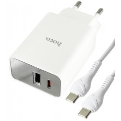 Зарядное устройство Hoco C100A 1Type-C PD20W+USB QC3.0 charger set с дисплеем + кабель Type-C - Type-C , белый