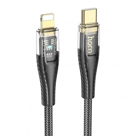 Кабель Type-C - Lightning, Hoco U121, 1,2 м, 3А, PD 27W, с индикатором, в тканевой оплетке, черный