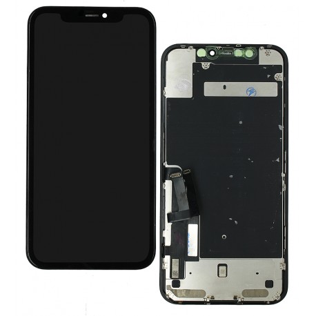Дисплей для Apple iPhone 11, черный, с рамкой, оригинал (переклеєне скло), з пластиками камери та датчика наближення, Toshiba/Sharp version