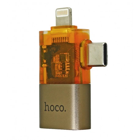 Переходник Hoco UA36E Lightning, Type-C на USB, золотой