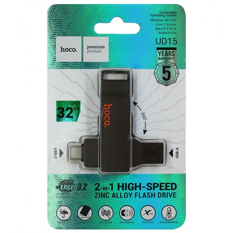 Флешка 32GB, Hoco UD15, Type-C/USB3.2, metal gray