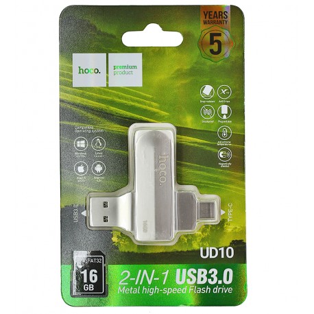 Флешка 16GB, Hoco UD10, Type-C/USB3.0, срібляста