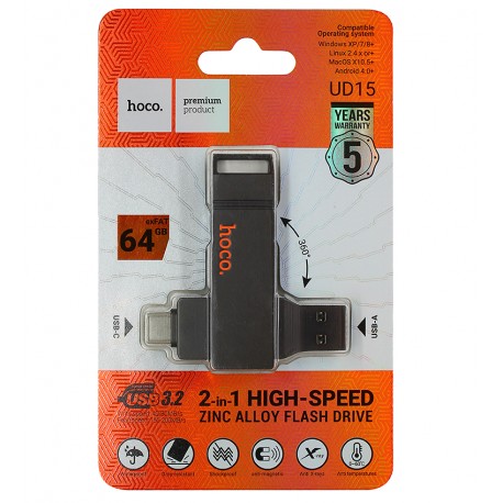 Флешка 64GB, Hoco UD15, Type-C/ USB3.2, metal gray