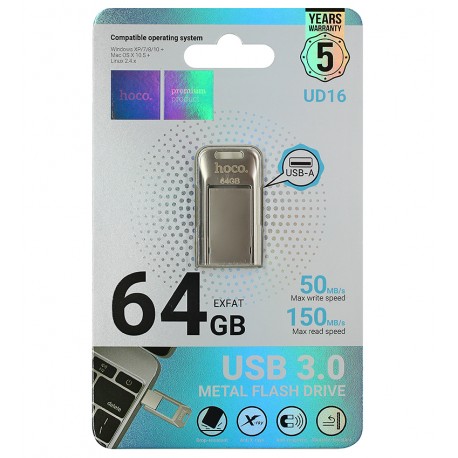 Флешка 64Gb Hoco UD16, USB 3.0, срібляста