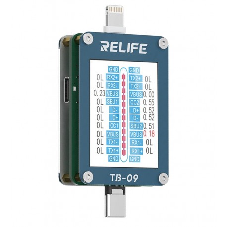 Тестер разъёмов питания Relife TB-09, Type C/ Lightning с ЖК дисплеем и встроенным АКБ
