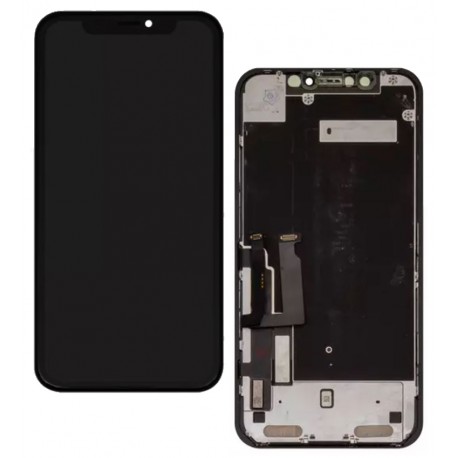 Дисплей для Apple iPhone XR, чорний, з рамкою, оригінал (переклеєне скло), з пластиками камери та давача наближення, Toshiba/Sharp version