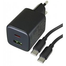 Зарядное устройство Hoco N41 USB QC3.0, Type-C PD 20W + кабель Type-C - Type-C, черный Зарядное устройство Hoco N41 USB QC3.0, Type-C PD 20W + кабель Type-C - Type-C, черный