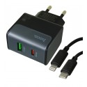 Зарядное устройство Hoco CS71A, USB, Type-C PD20Вт QC3.0, с Type-C - Lightning кабелем, midnight black