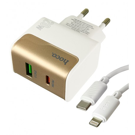 Зарядное устройство Hoco CS71A, USB, Type-C PD20Вт QC3.0, с Type-C - Lightning кабелем Зарядное устройство Hoco CS71A, USB, Type-C PD20Вт QC3.0, с Type-C - Lightning кабелем