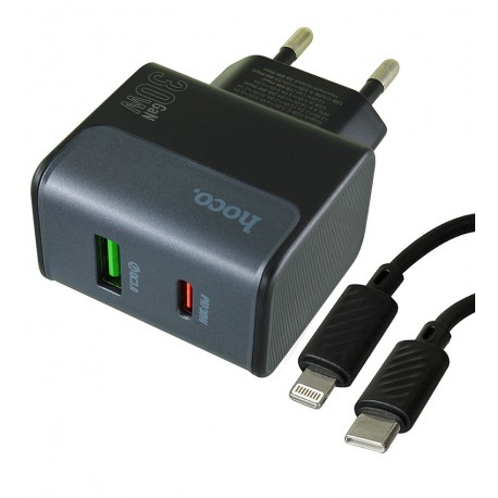 Зарядное устройство Hoco CS73A, USB, Type-C PD30Вт QC3.0, с Type-C - Lightning кабелем, midnight black