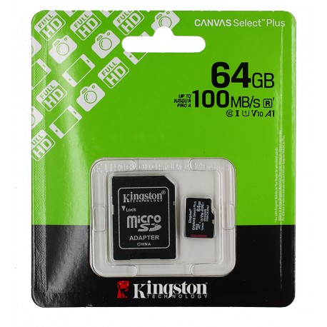Карта пам'яті 64 GB microSDXC (UHS-1) Kingston Canvas Select Plus Gen3 class 10 А1 (R-100MB/s) (адаптер SD) SDCS3/64GB