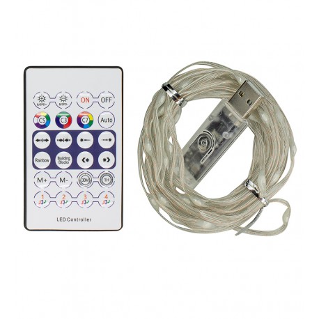 Светодиодная гирлянда, медная нить, RGB, 5 м, 50 светодиодов, с пультом, USB