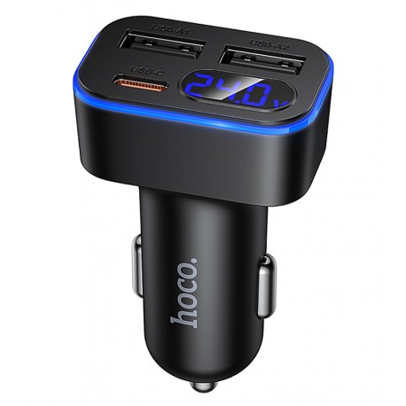 Автомобільна зарядка Hoco Z63A 2×USB + Type-C PD/QC 42 Вт з дисплеєм, чорна, з кабелем Type-C → Type-C