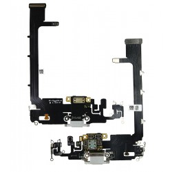 Шлейф для Apple iPhone 11 Pro Max, конектора зарядки, конектора гарнітури, сріблястий, з мікрофоном, High Quality
