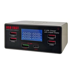 Зарядная станция с индикацией параметров зарядки Aida AD60 (4 USB 2А, 1 USB QC 3.0A, 1 Type-C PD 20W)