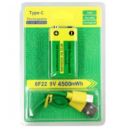 Акумуляторная батарейка Крона 9V (6F22) Li-Ion с USB Type-C зарядкой, 4500 мВт·ч