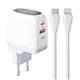 Зарядний пристрій Ldnio A2522C 1Type-C PD30W+USB QC3.0, з дисплеєм + кабель Type-C - Lightning, білий