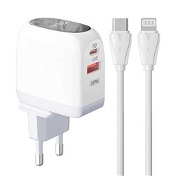 Зарядное устройство Ldnio A2522C 1Type-C PD30W+USB QC3.0, с дисплеем + кабель Type-C - Lightning , белый