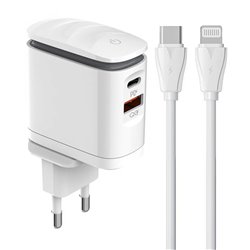 Зарядний пристрій Ldnio A2423C 1Type-C PD25W+USB QC3.0, нічник + кабель Type-C - Lightning, білий