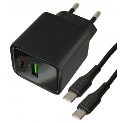 Зарядний пристрій Hoco CS84A 1USB + Type-C PD QC 30W з дисплеєм + кабель Type-C - Type-C, чорний