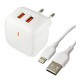 Зарядное устройство XO L61, 2USB FastCharger 2.4А, угловое, с кабелем Lightning, белое