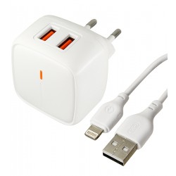 Зарядное устройство XO L61, 2USB FastCharger 2.4А, угловое, с кабелем Lightning, белое