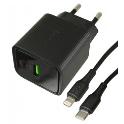 Зарядний пристрій Hoco CS83A, 1USB 18W, Type-C PD 20W, з дисплеєм + кабель Type-C - Lightning, чорний